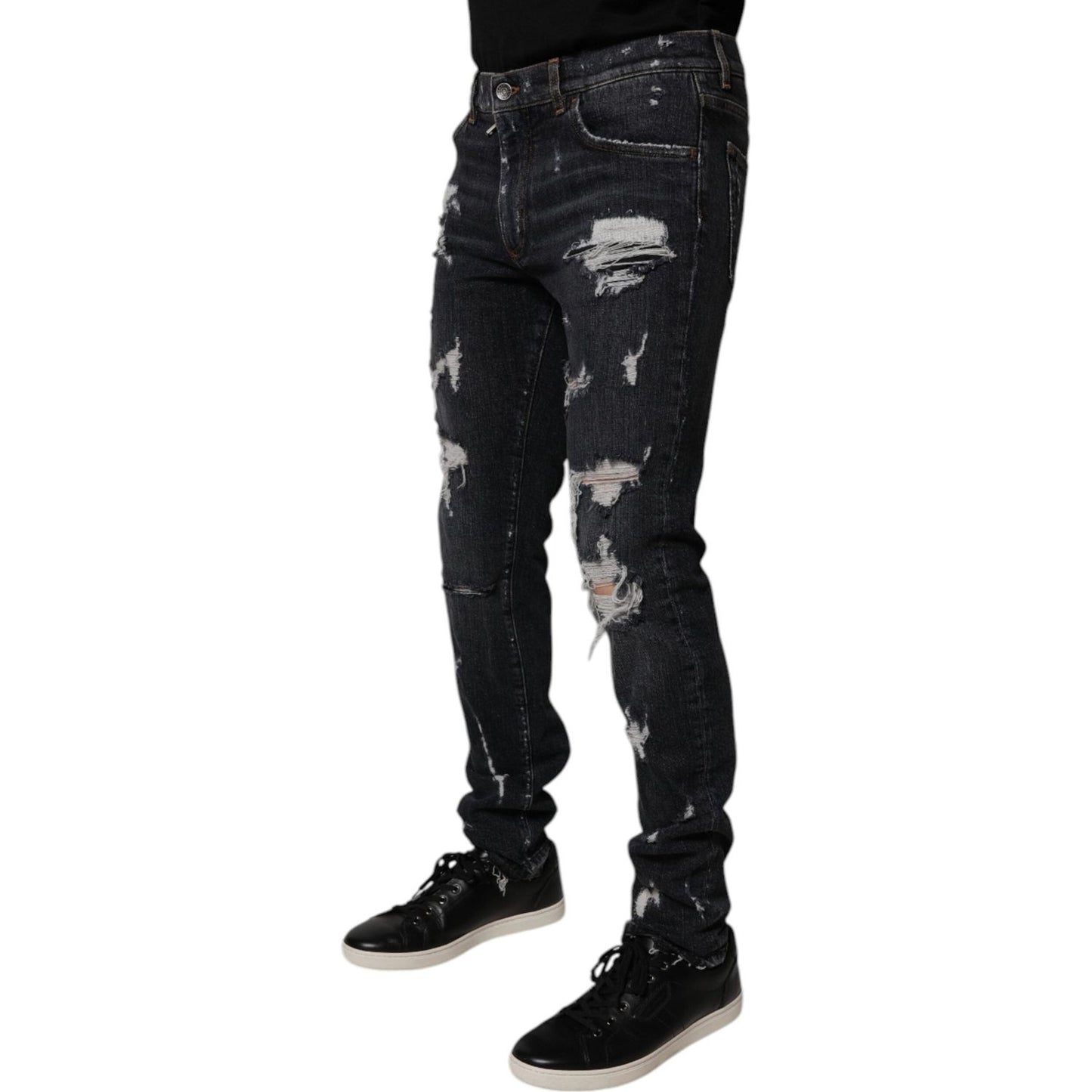 Dolce & Gabbana Black Tattered Cotton Skinny Men Denim Jeans PAN75182-48