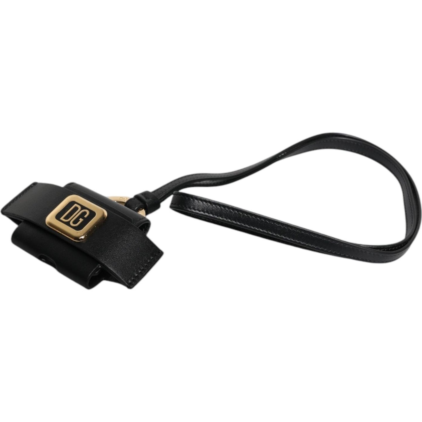 Dolce & Gabbana Black Leather Strap Gold Metal Logo Plaque Airpods Case SMY10691