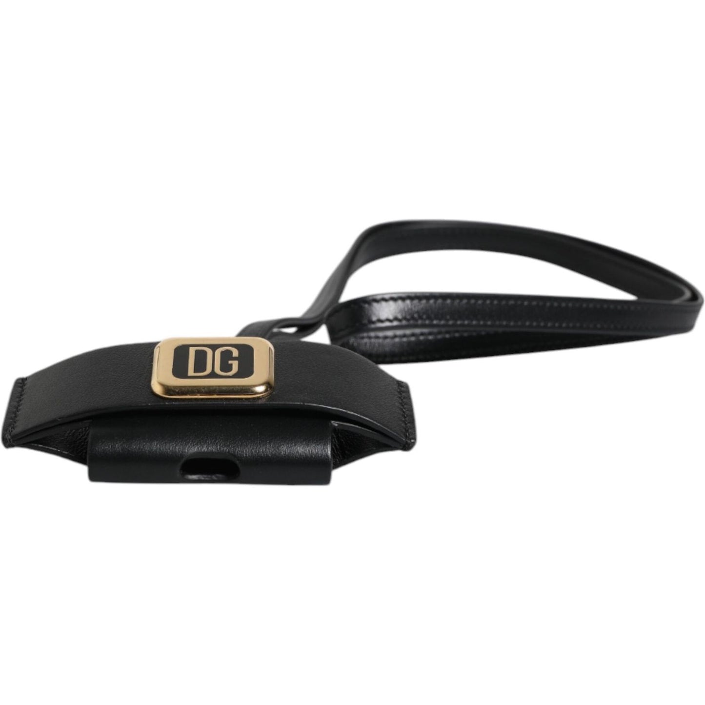 Dolce & Gabbana Black Leather Strap Gold Metal Logo Plaque Airpods Case SMY10691