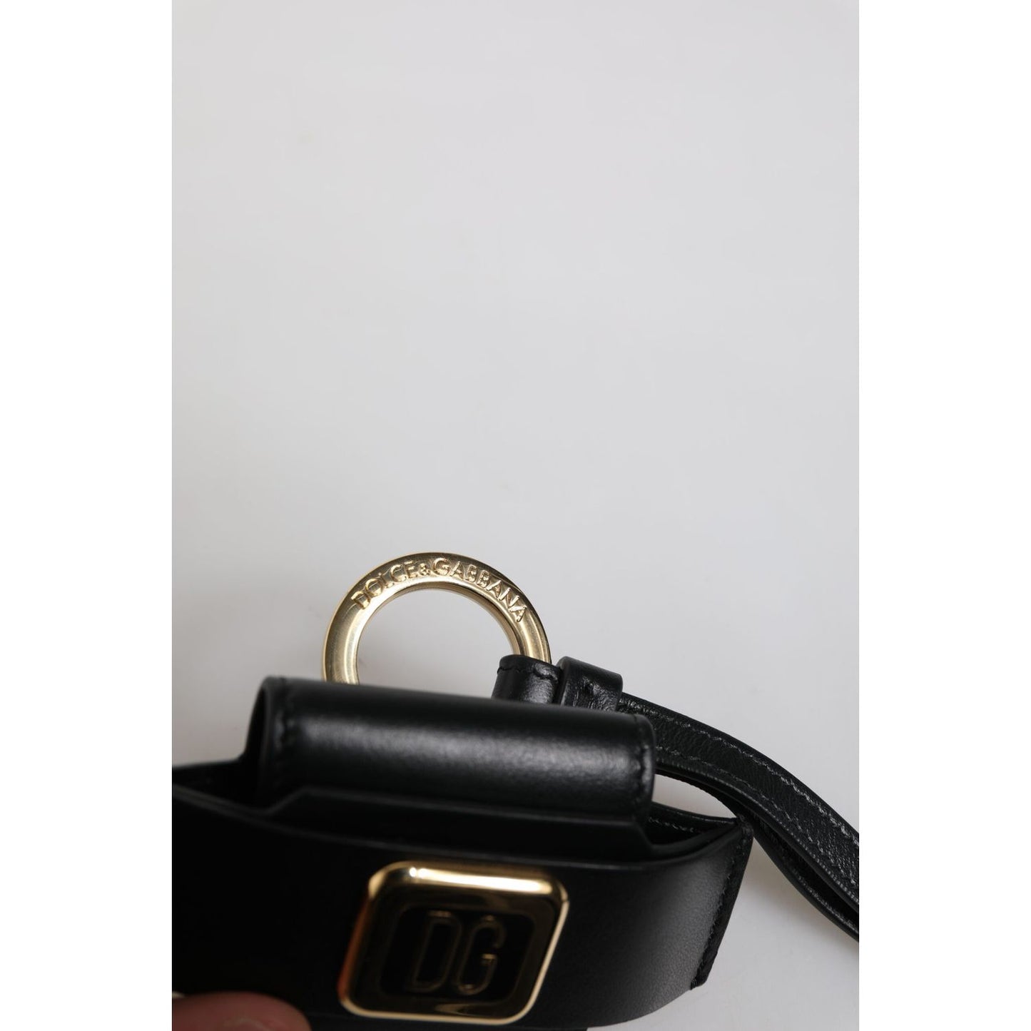 Dolce & Gabbana Black Leather Strap Gold Metal Logo Plaque Airpods Case SMY10691