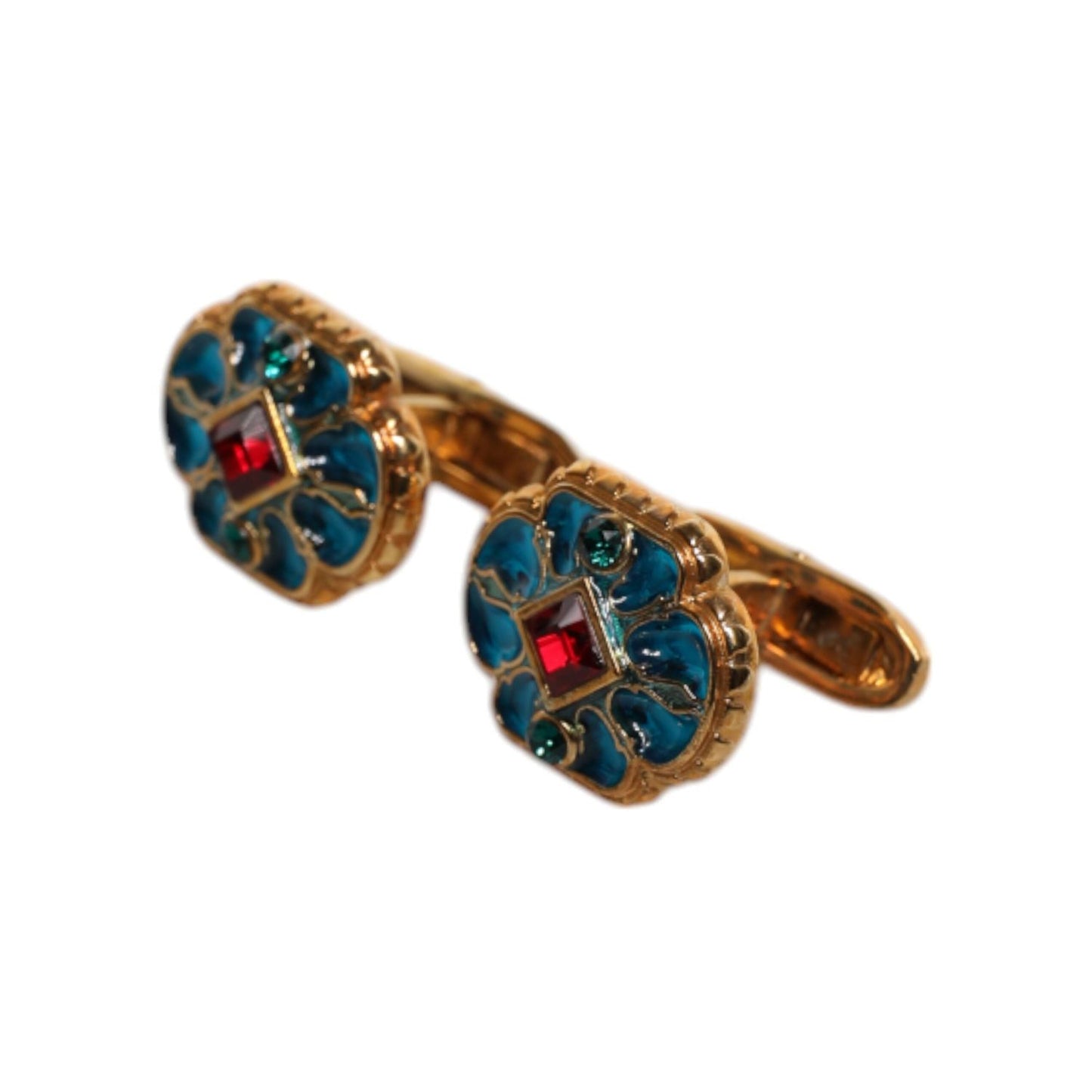Dolce & Gabbana Gold Brass Blue Enameled Flower Cufflink