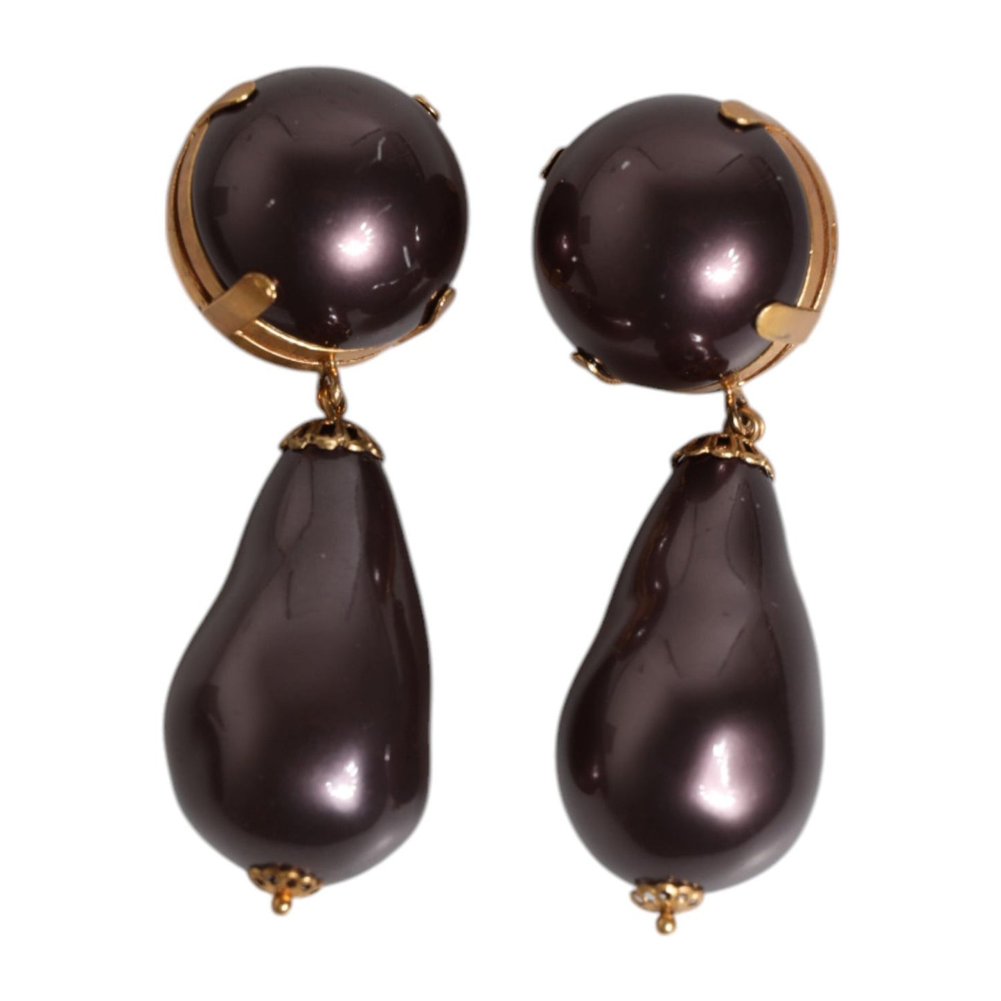 Dolce & Gabbana Gold Brass Black Pearl Clip On Dangling Jewelry Earrings SMY10508