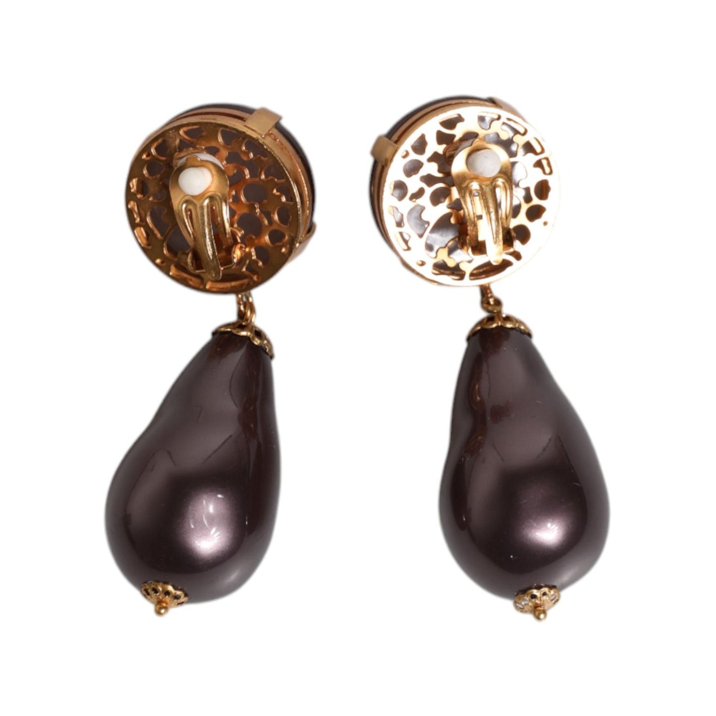 Dolce & Gabbana Gold Brass Black Pearl Clip On Dangling Jewelry Earrings SMY10508