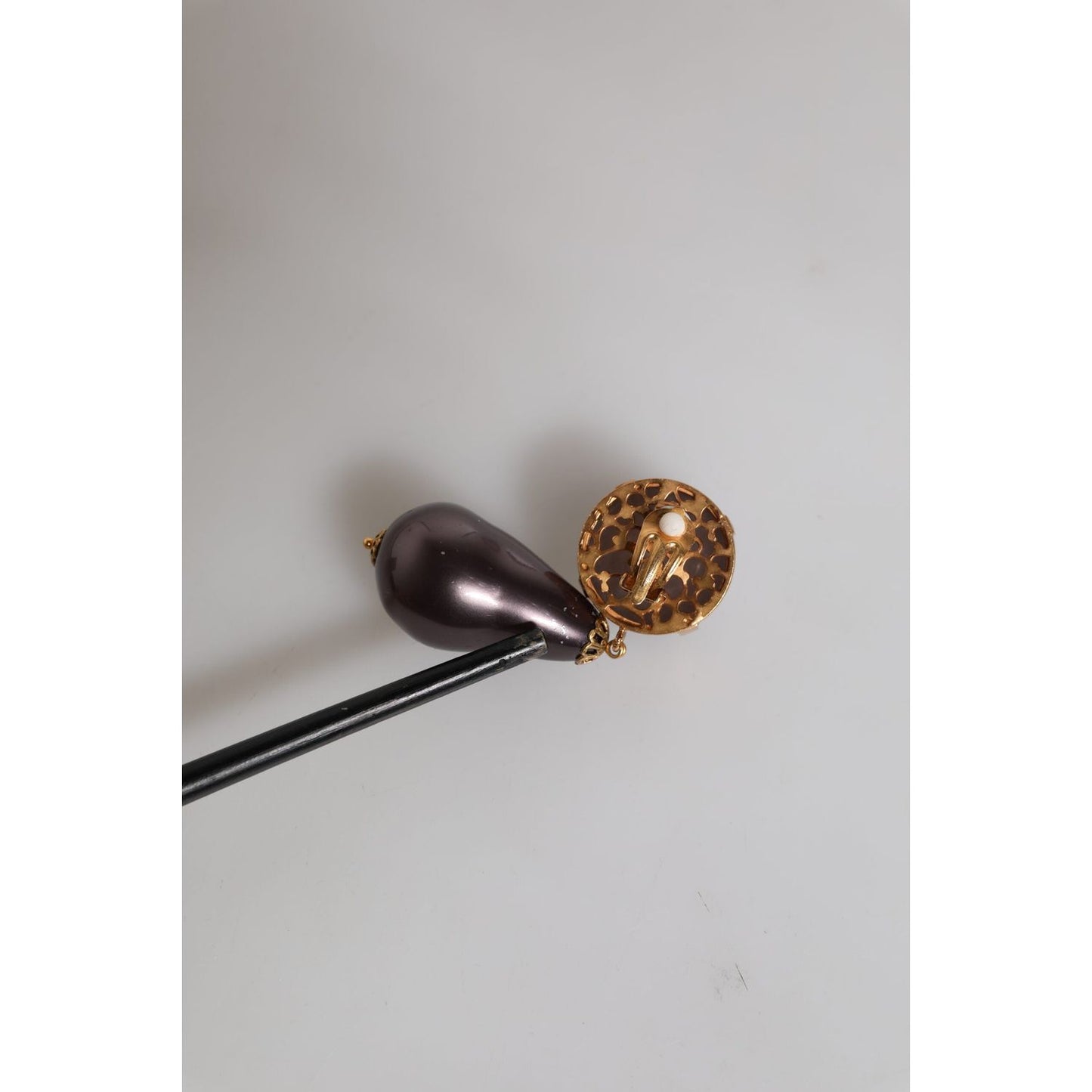 Dolce & Gabbana Gold Brass Black Pearl Clip On Dangling Jewelry Earrings SMY10508