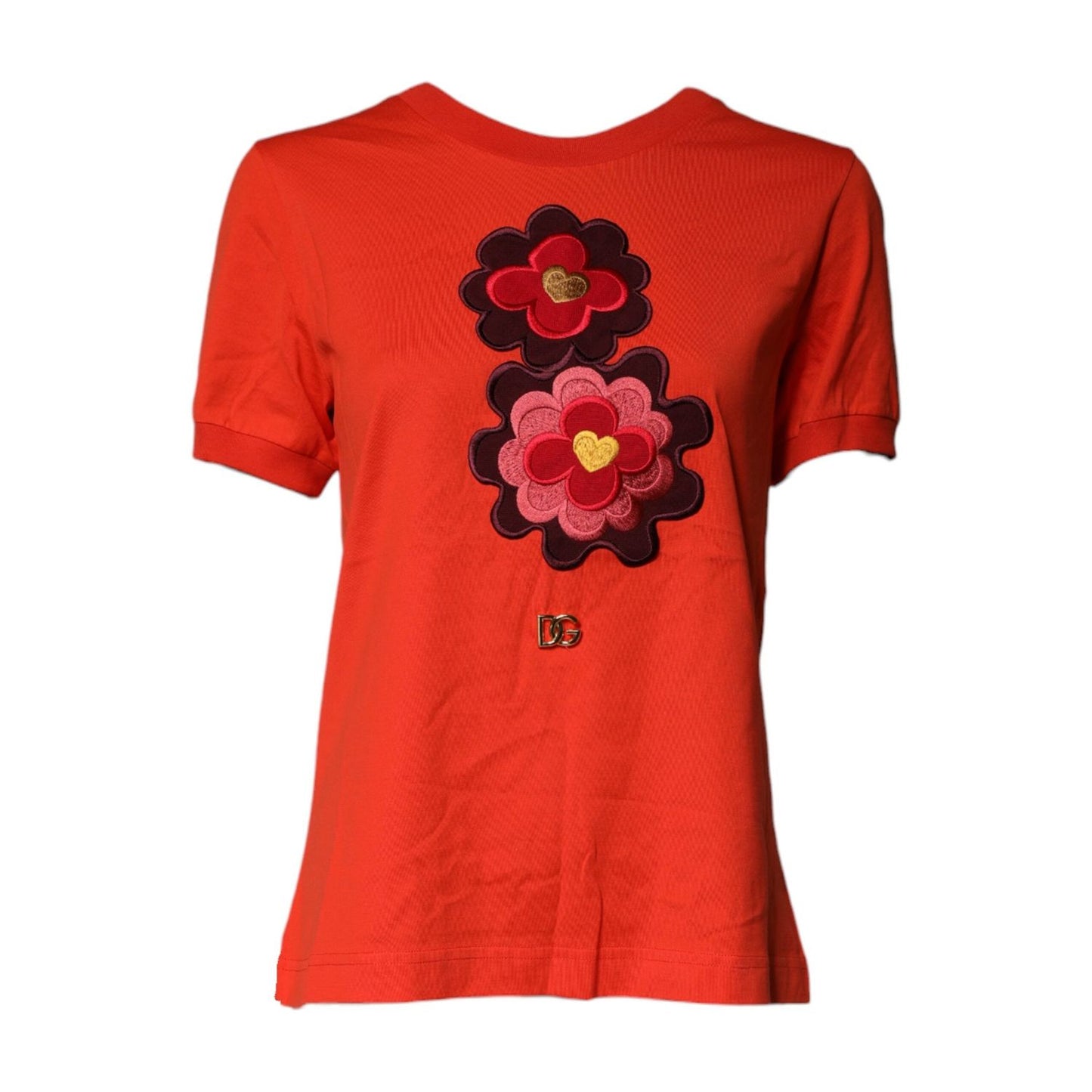 Dolce & Gabbana Red Floral Embroidery Cotton Crew Neck T-shirt TSH87134-44