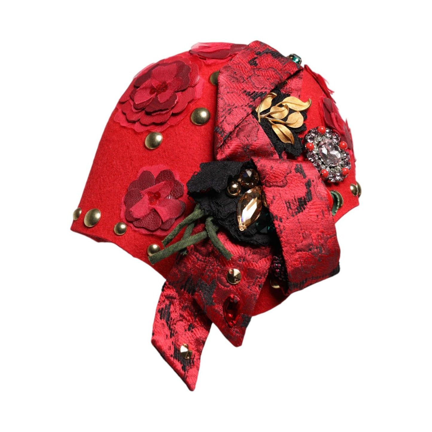 Dolce & Gabbana Red Crystal Gold Roses Brooch Embellished Hat HAT9653