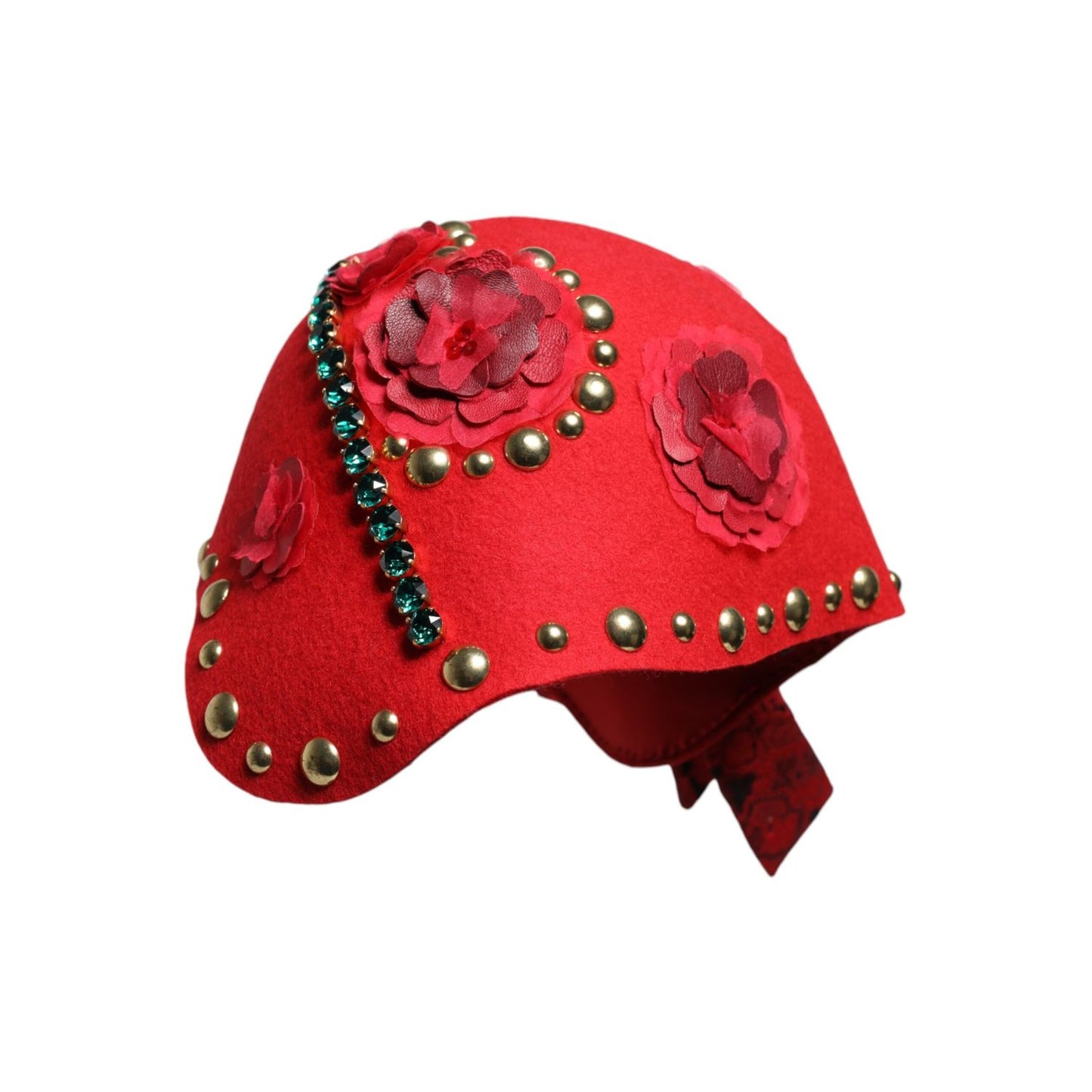 Dolce & Gabbana Red Crystal Gold Roses Brooch Embellished Hat HAT9653