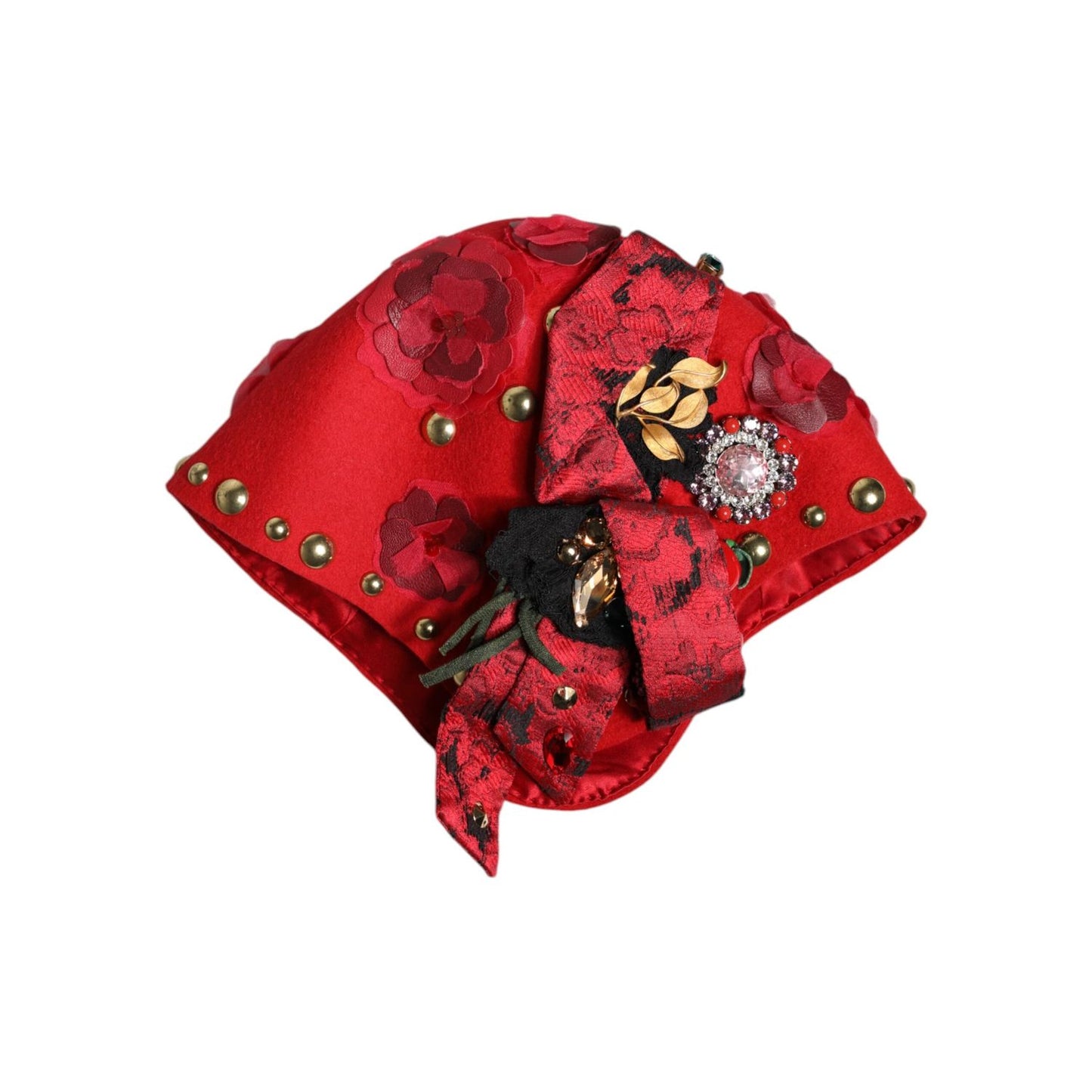 Dolce & Gabbana Red Crystal Gold Roses Brooch Embellished Hat HAT9653