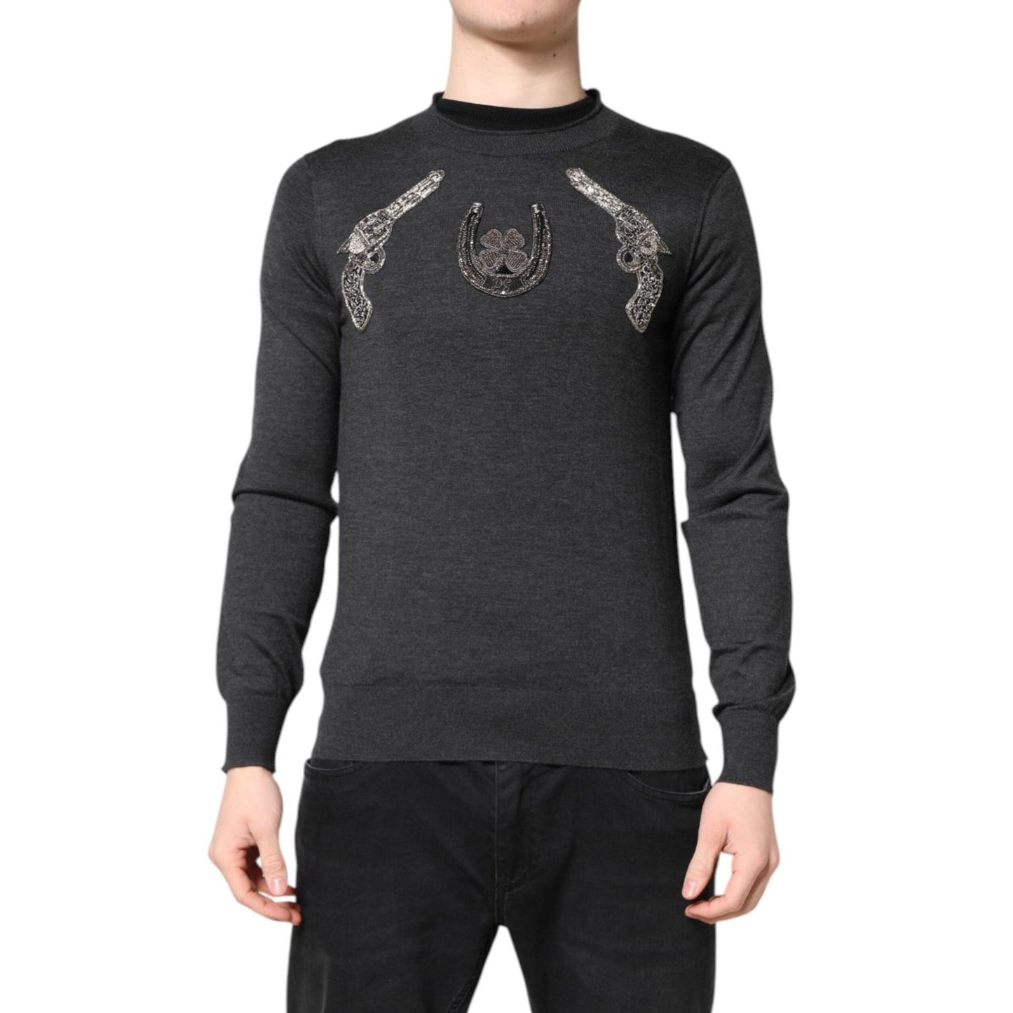Dolce & Gabbana Gray Embroidery Knit Men Pullover Sweater TSH90309-44