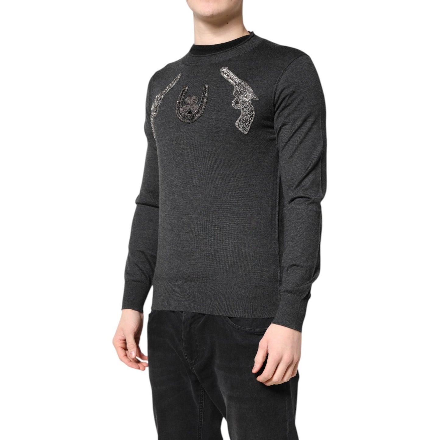 Dolce & Gabbana Gray Embroidery Knit Men Pullover Sweater TSH90309-44
