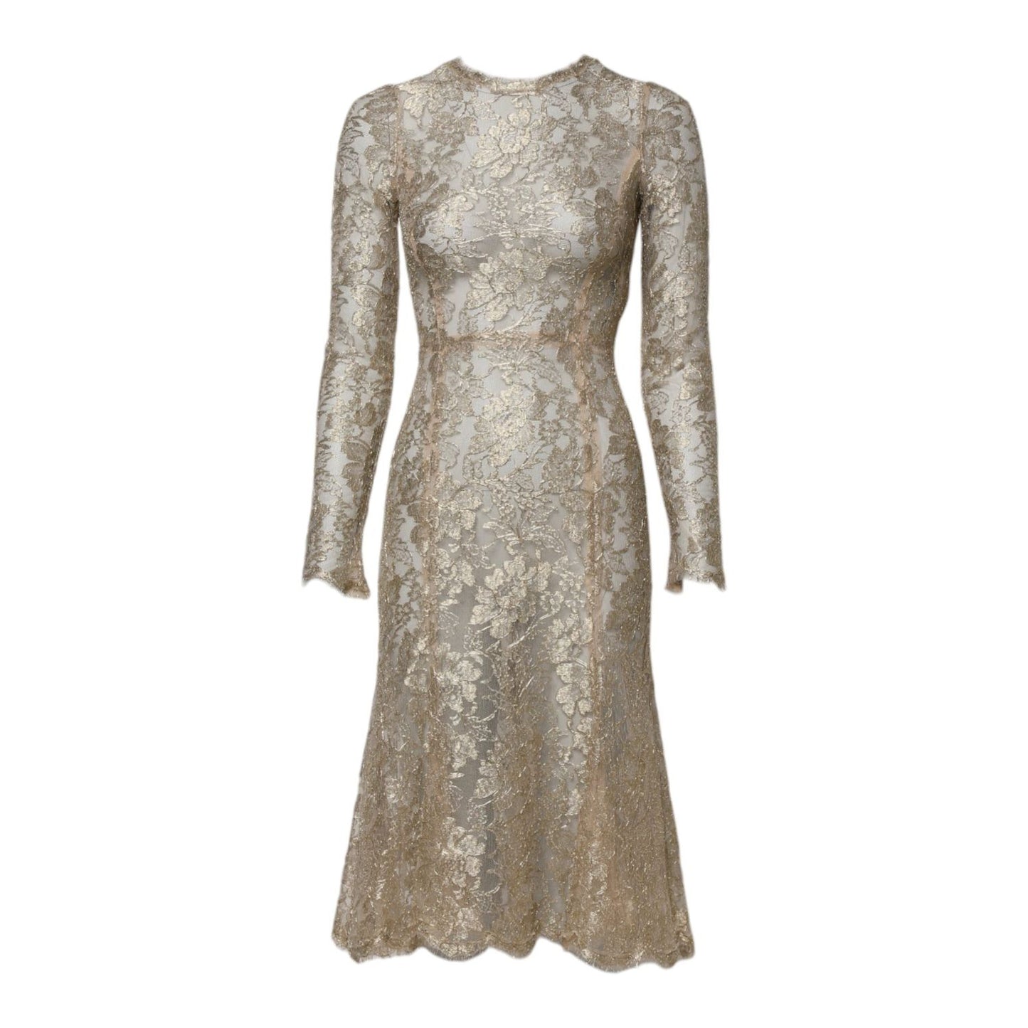 Dolce & Gabbana Gold Floral Lace Long Sleeves Fit & Flare Dress DR281222-36