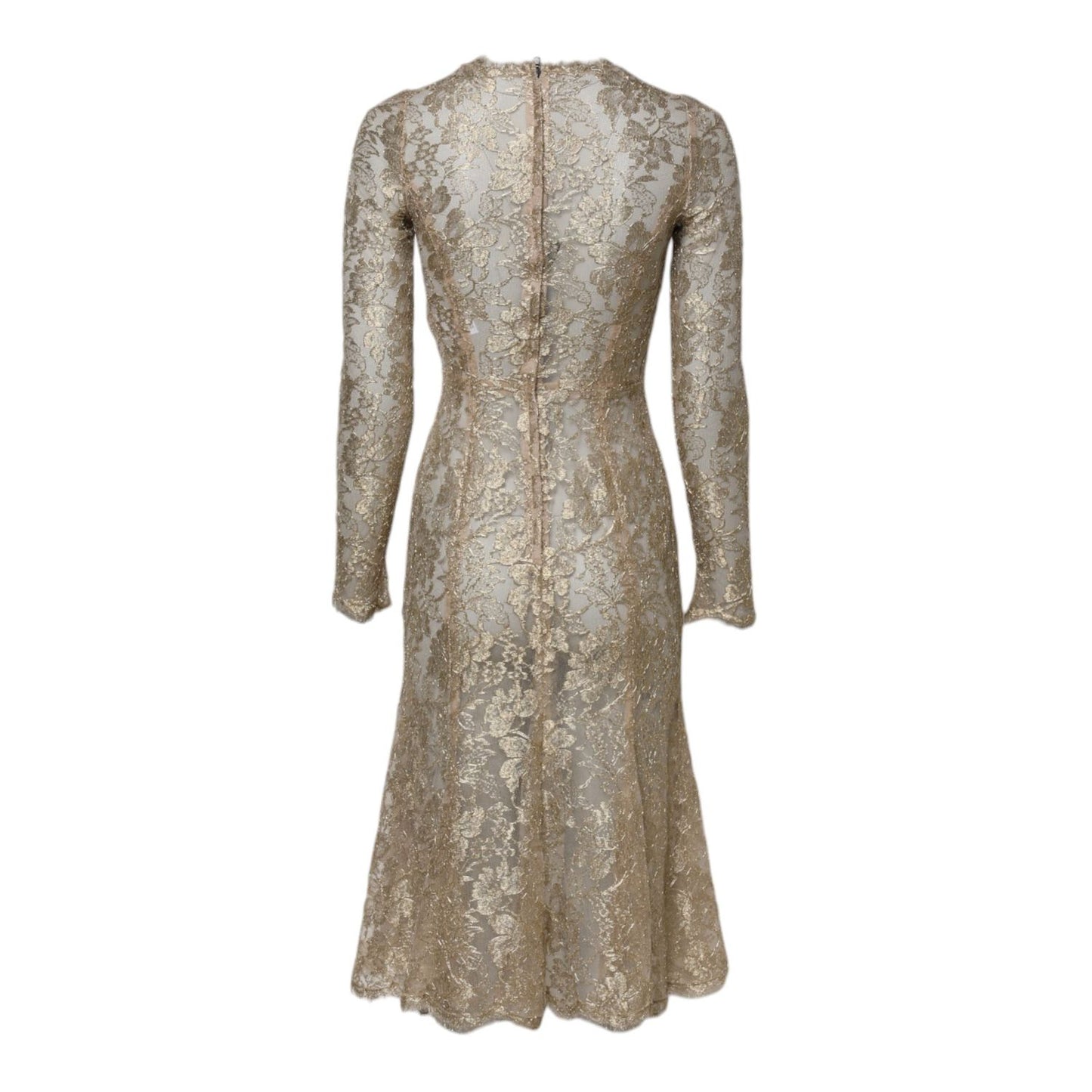 Dolce & Gabbana Gold Floral Lace Long Sleeves Fit & Flare Dress DR281222-36