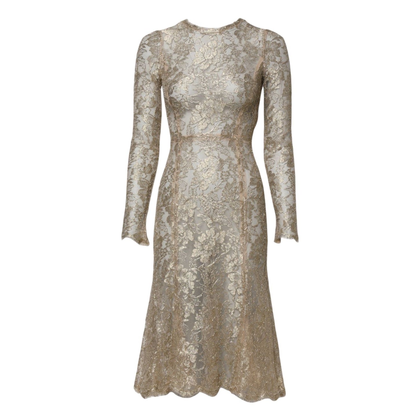 Dolce & Gabbana Gold Floral Lace Long Sleeves Fit & Flare Dress DR281222-36