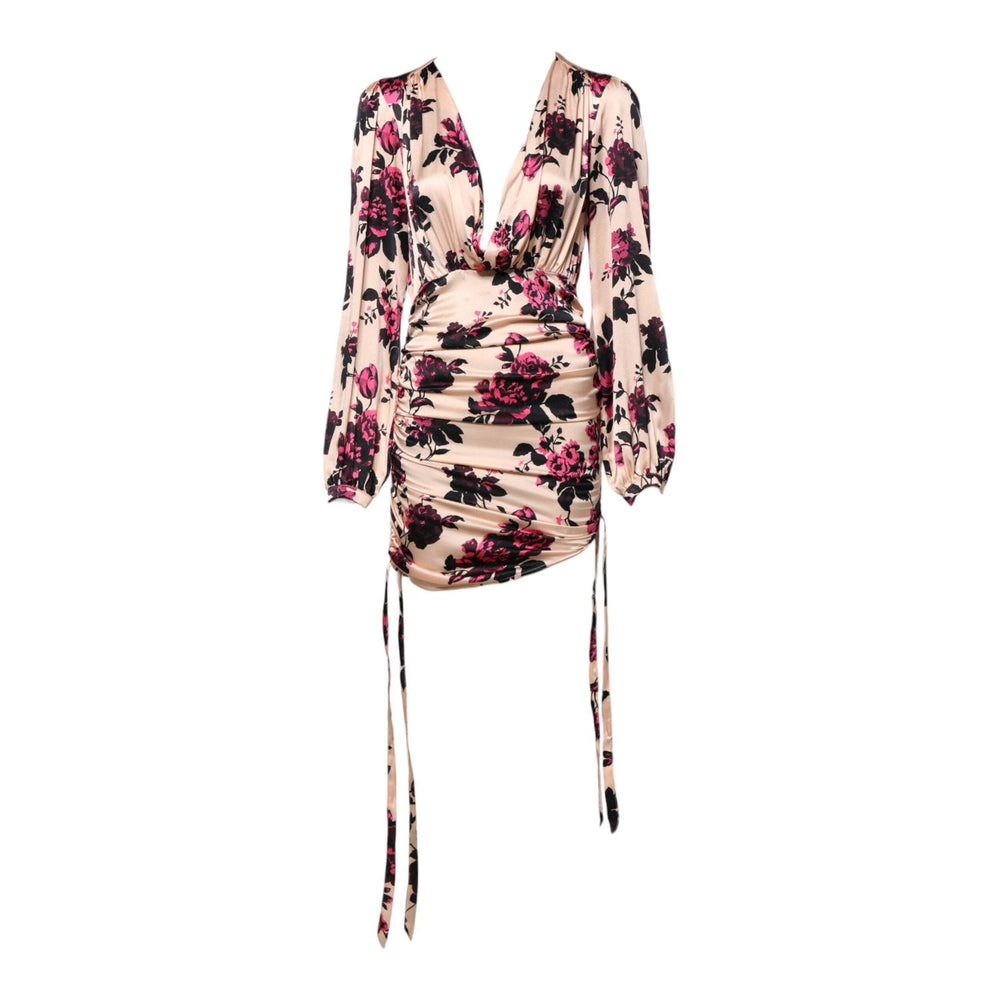 Laneus Pink Floral Silk Long Sleeves V-neck Ruched Mini Dress DR281408-42