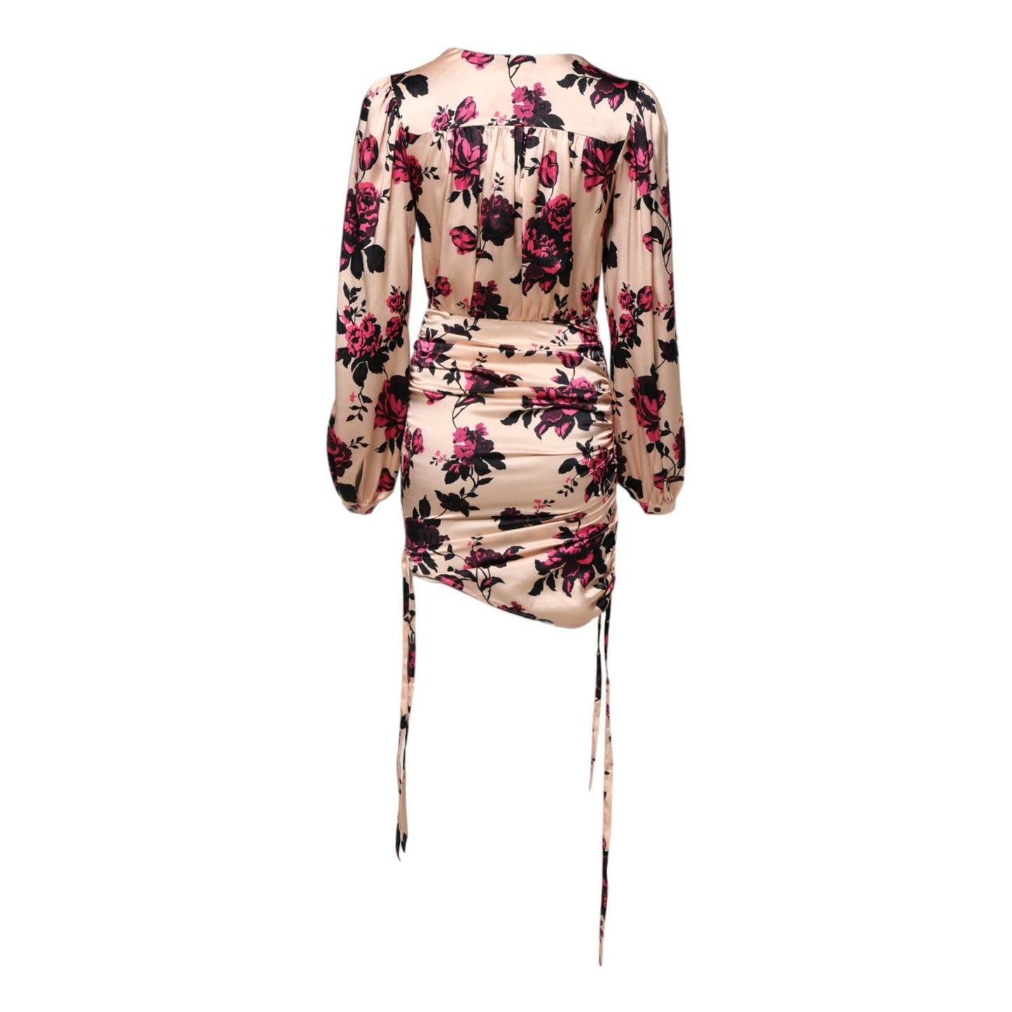 Laneus Pink Floral Silk Long Sleeves V-neck Ruched Mini Dress DR281408-42