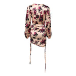 Laneus Pink Floral Silk Long Sleeves V-neck Ruched Mini Dress DR281408-42
