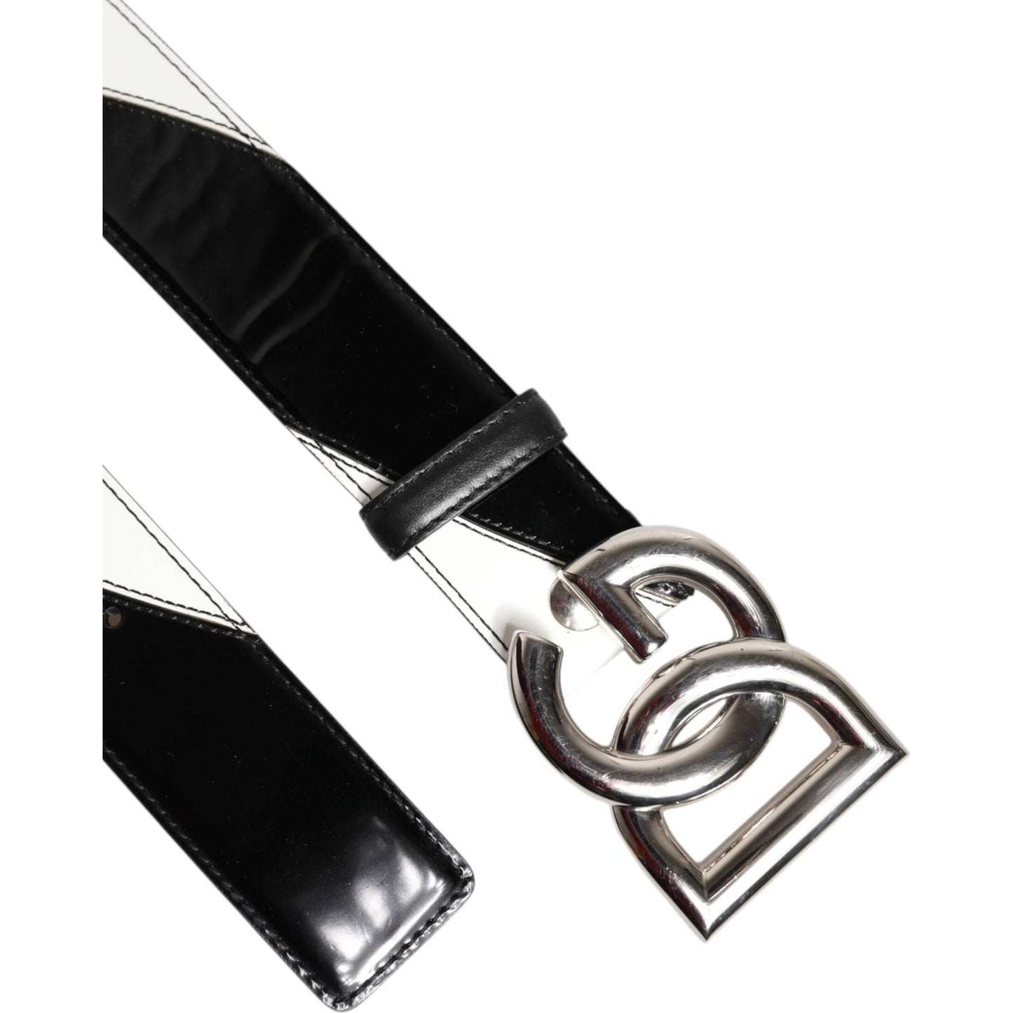 Dolce & Gabbana Black White Leather DG Metal Buckle Belt BEL9411-75