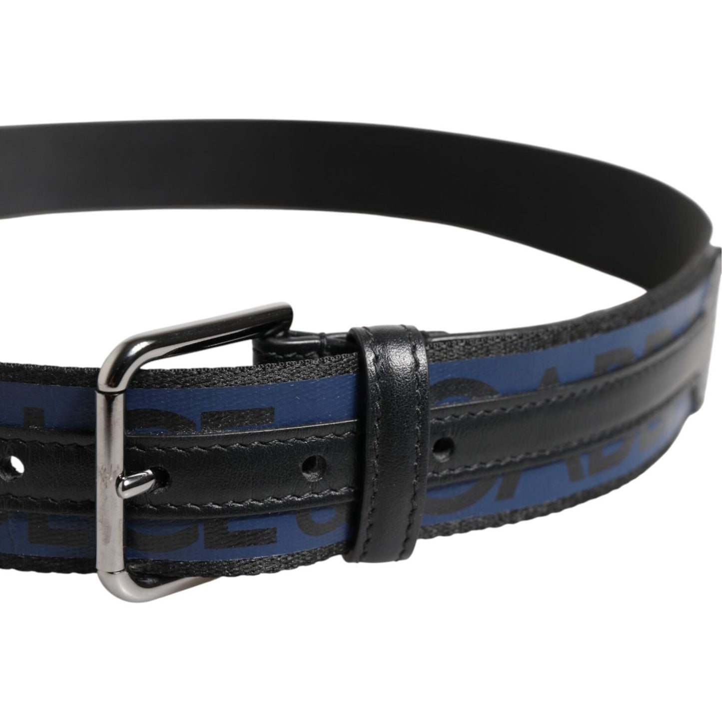 Dolce & Gabbana Black Blue DG Logo Silver Metal Buckle Belt BEL9434-95