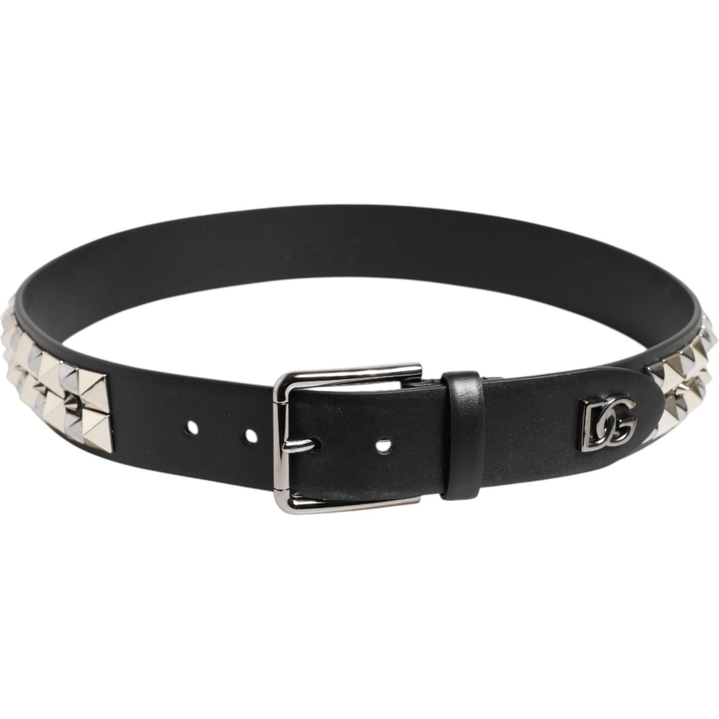 Dolce & Gabbana Black Calf Leather Studded Silver Buckle Belt BEL9438-90