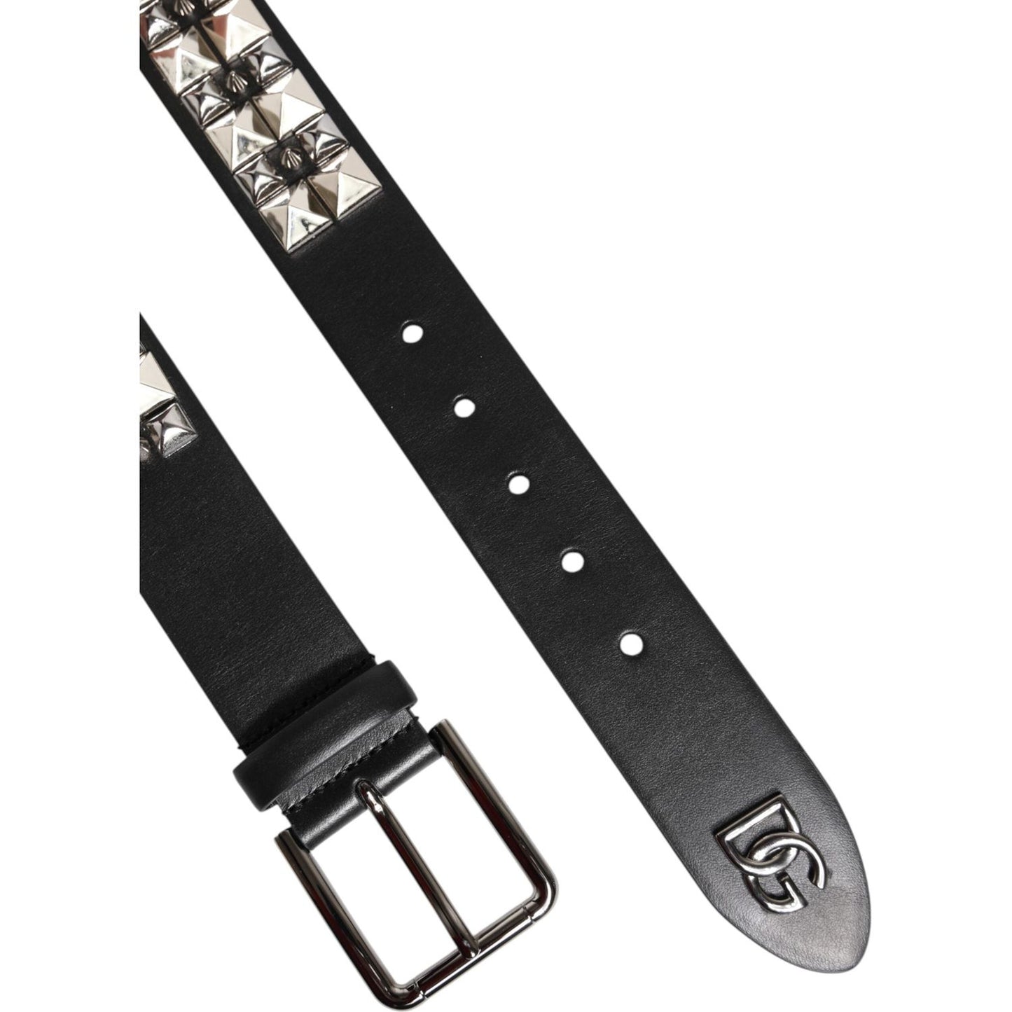 Dolce & Gabbana Black Calf Leather Studded Silver Buckle Belt BEL9438-90