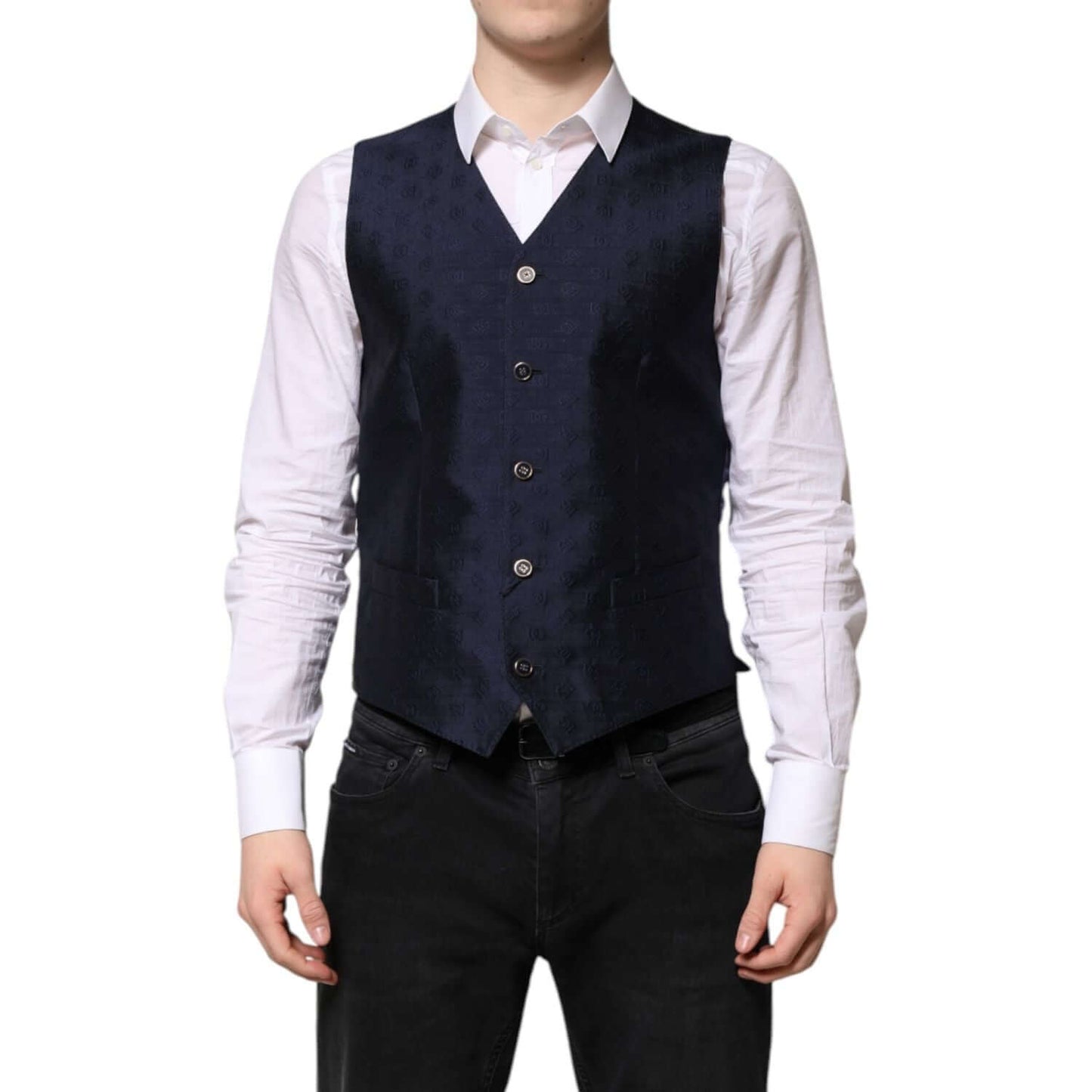 Dolce & Gabbana Dark Blue Logo Wool Formal Men Waistcoat Vest TSH90460-48