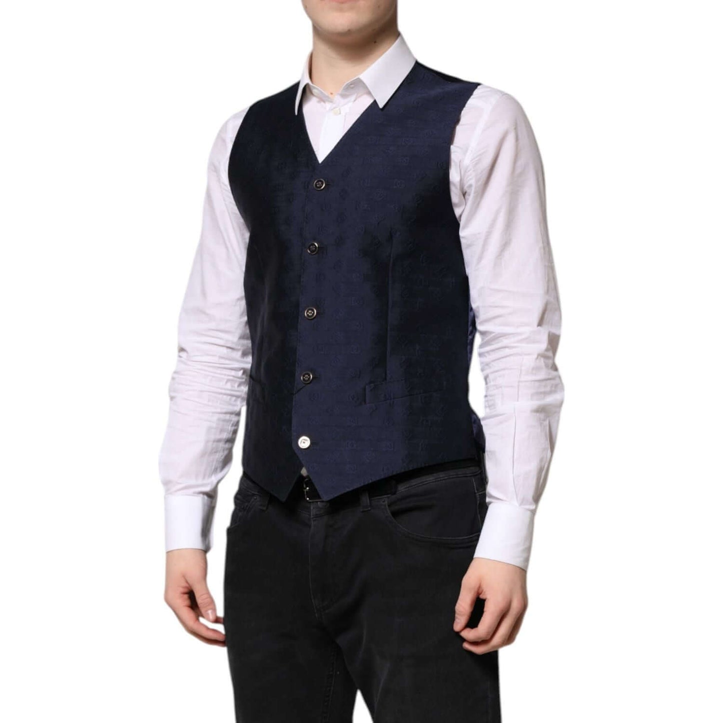 Dolce & Gabbana Dark Blue Logo Wool Formal Men Waistcoat Vest TSH90460-48