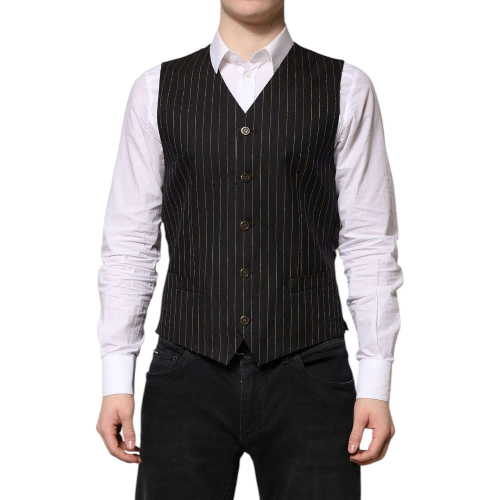 Dolce & Gabbana Black Stripes Wool Formal Men Waistcoat Vest TSH90461-48