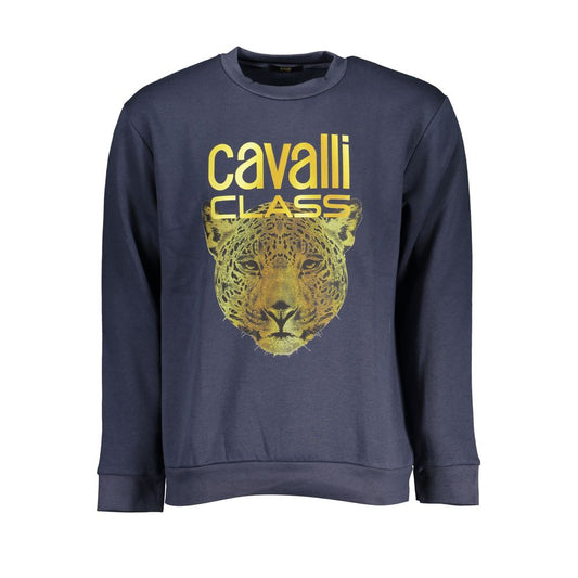 Cavalli Class Blue Cotton Men Sweater with bold leopard print and logo, showcasing Italian craftsmanship and modern style.