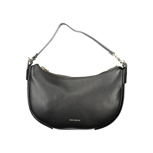 Coccinelle Black Leather Handbag with adjustable and removable shoulder strap, zip closure, and internal pocket, featuring logo.