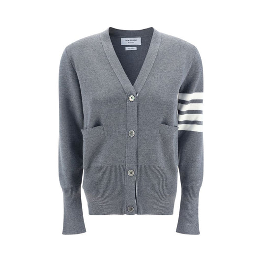 Thom Browne Gray Fleece Wool Cardigan with contrasting button front, open pockets, V-neck, and signature brand bands on sleeve
