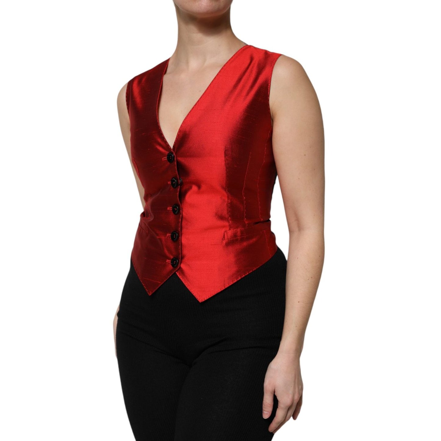 Dolce & Gabbana Red Black Button Down Sleeveless Vest Top TSH906724-40