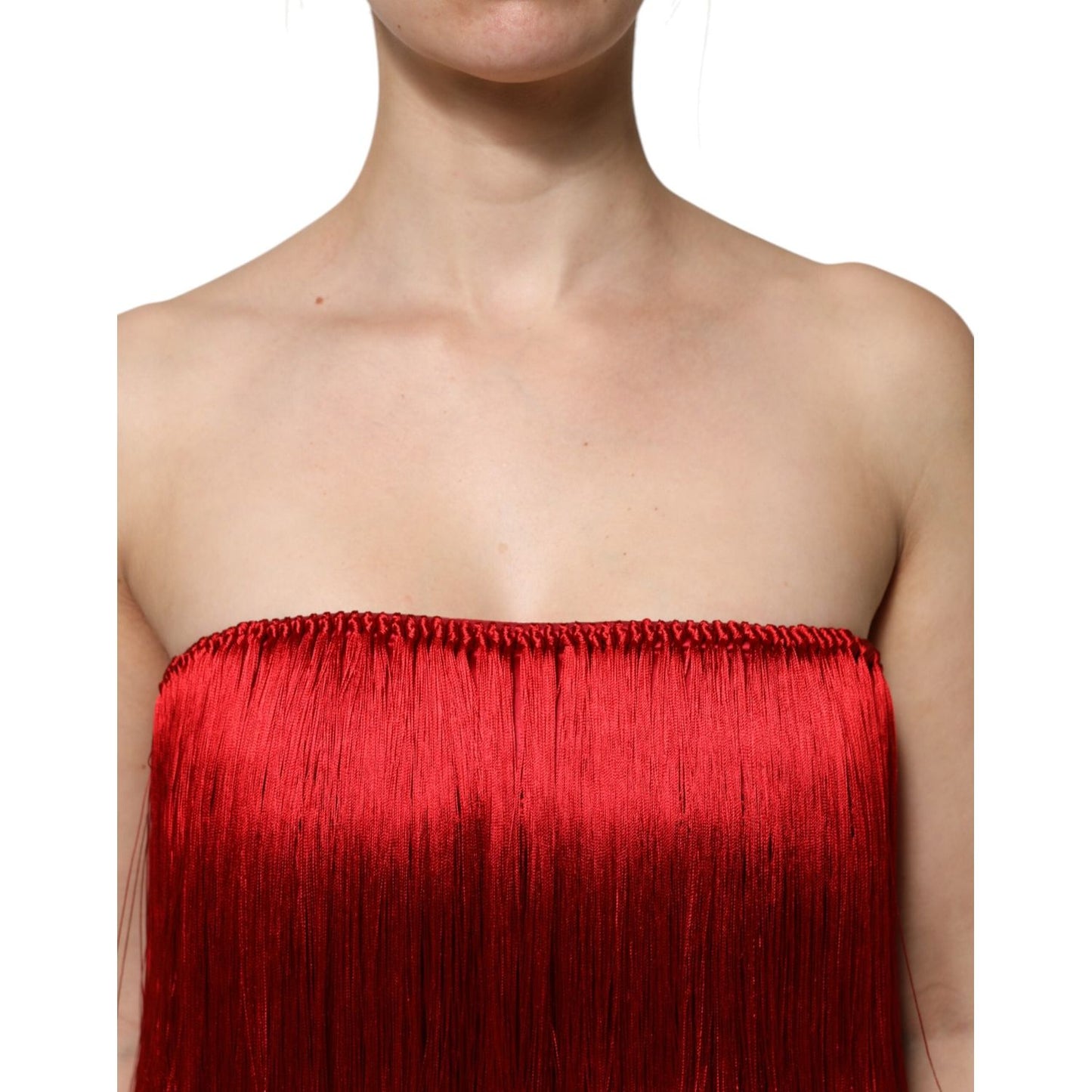 Dolce & Gabbana Red Silk Strapless Fringe Crop Tube Top TSH906741-36