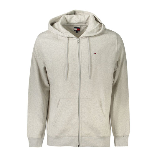 Tommy Hilfiger Gray Cotton Men Sweater with zip closure and hood, featuring iconic embroidery logo, versatile for casual wear.
