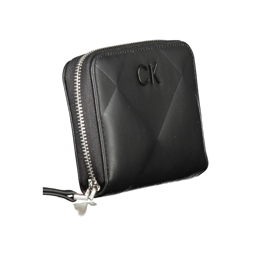 Calvin Klein Black Polyester Wallet with zip closure, logo detail, and RFID blocking features, made from 50% recycled polyester.