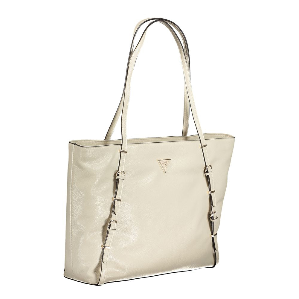 Guess Jeans Beige Polyethylene Handbag with 2 shoulder handles, external pocket, contrast details, and zip closure.