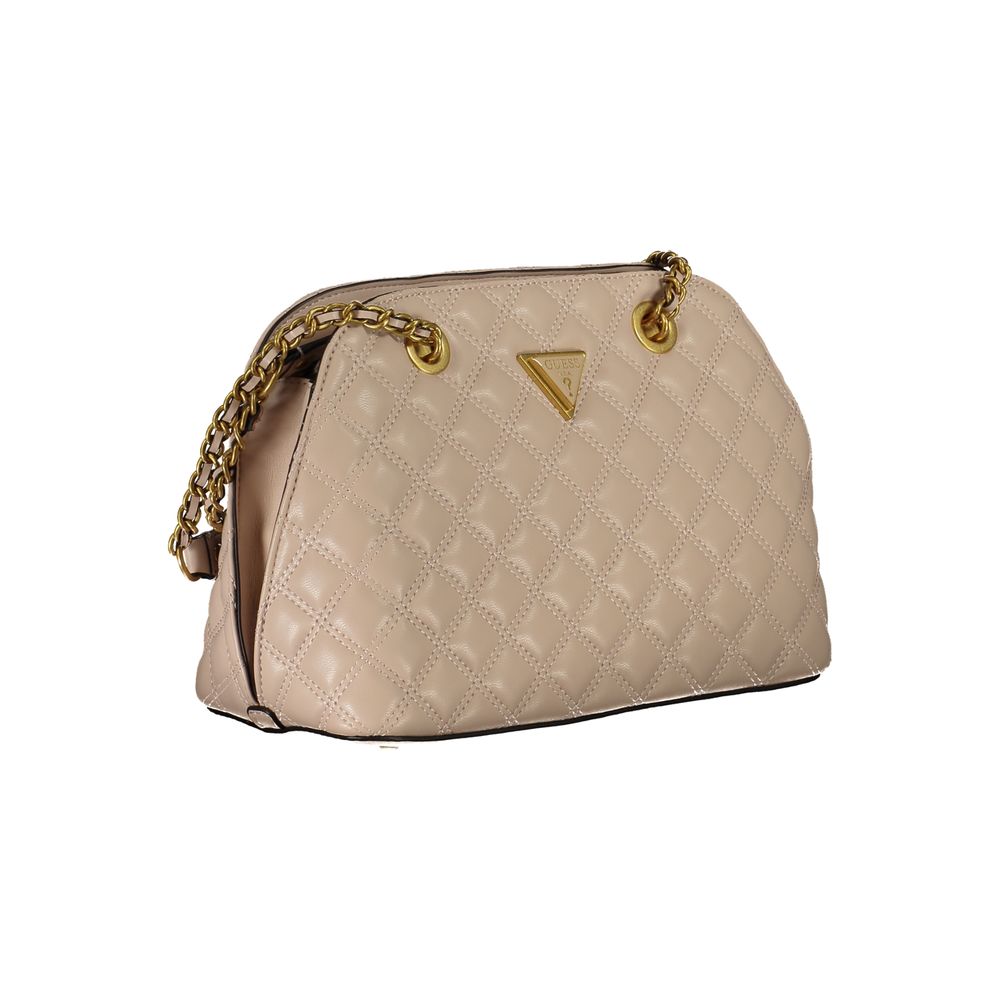 Guess Jeans Beige Polyethylene Handbag with quilted design and two gold chain handles.