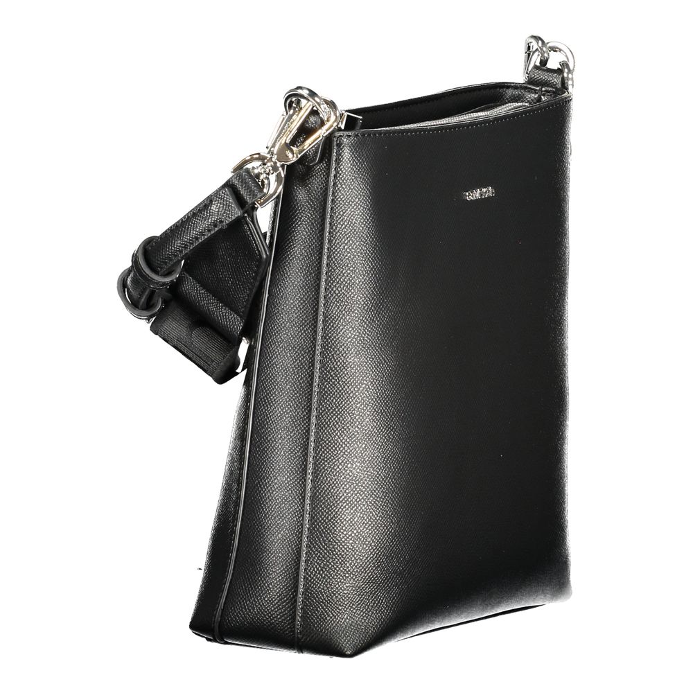 Calvin Klein Black Polyester Handbag with adjustable strap and internal pocket, featuring a zip closure and logo.