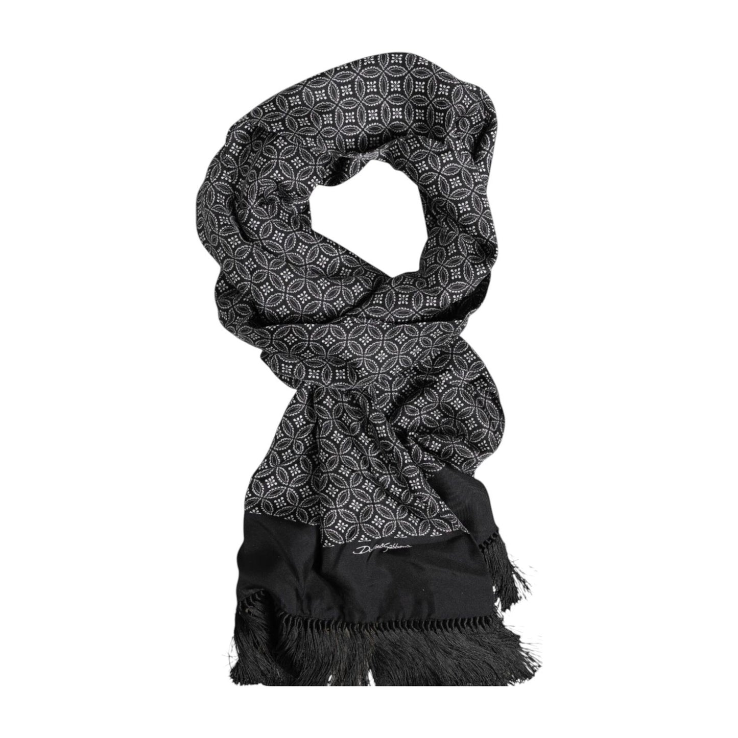 Dolce & Gabbana Black Patterned Fringes Men Foulard Scarf