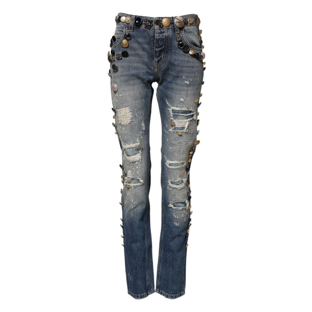Dolce & Gabbana Blue Embellished Tattered SkinnyDenim Jeans PAN75539-36