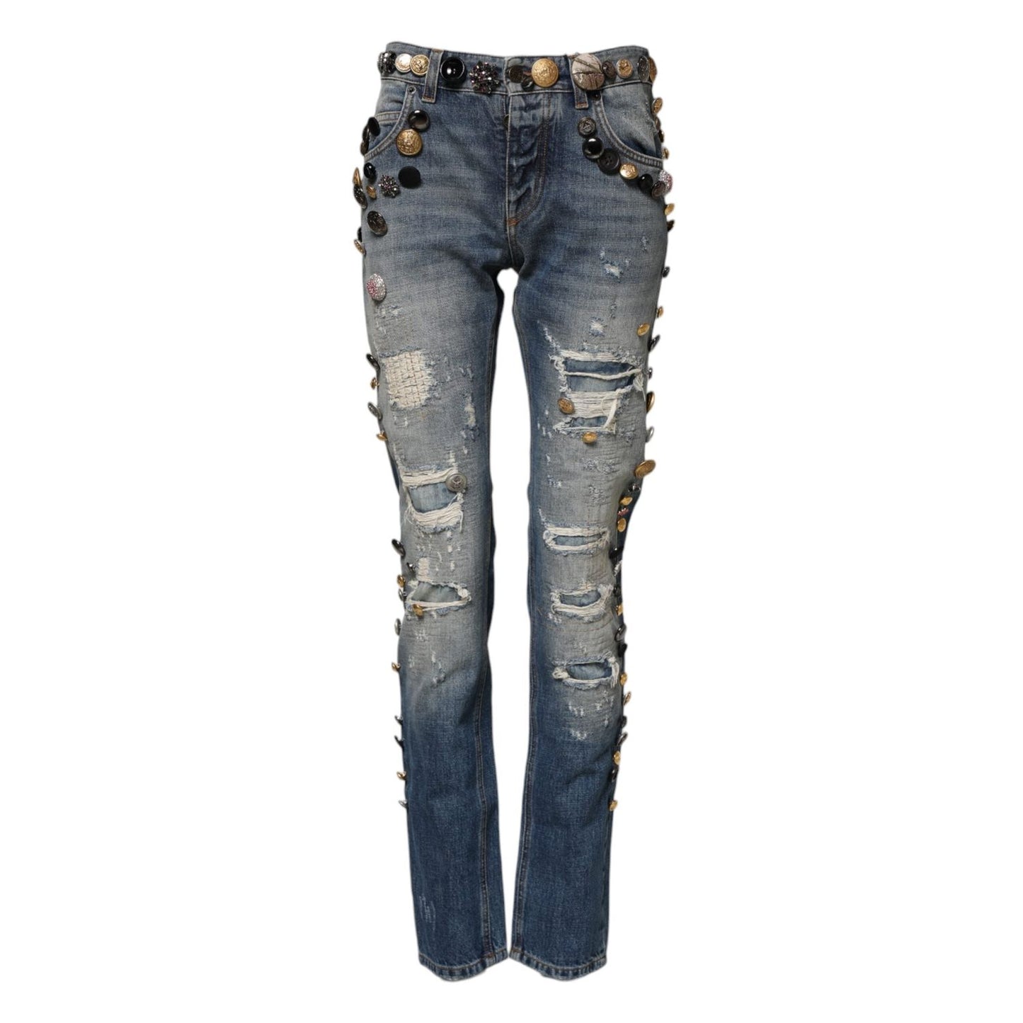 Dolce & Gabbana Blue Embellished Tattered SkinnyDenim Jeans PAN75539-36