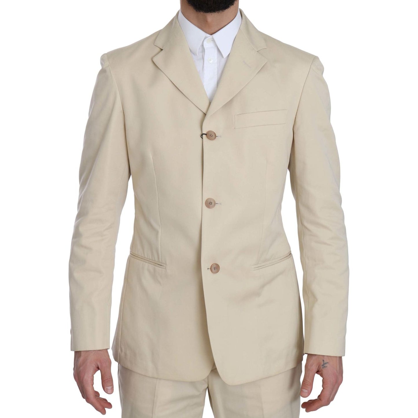 Romeo Gigli Two Piece 3 Button Beige Cotton Solid Suit Suit