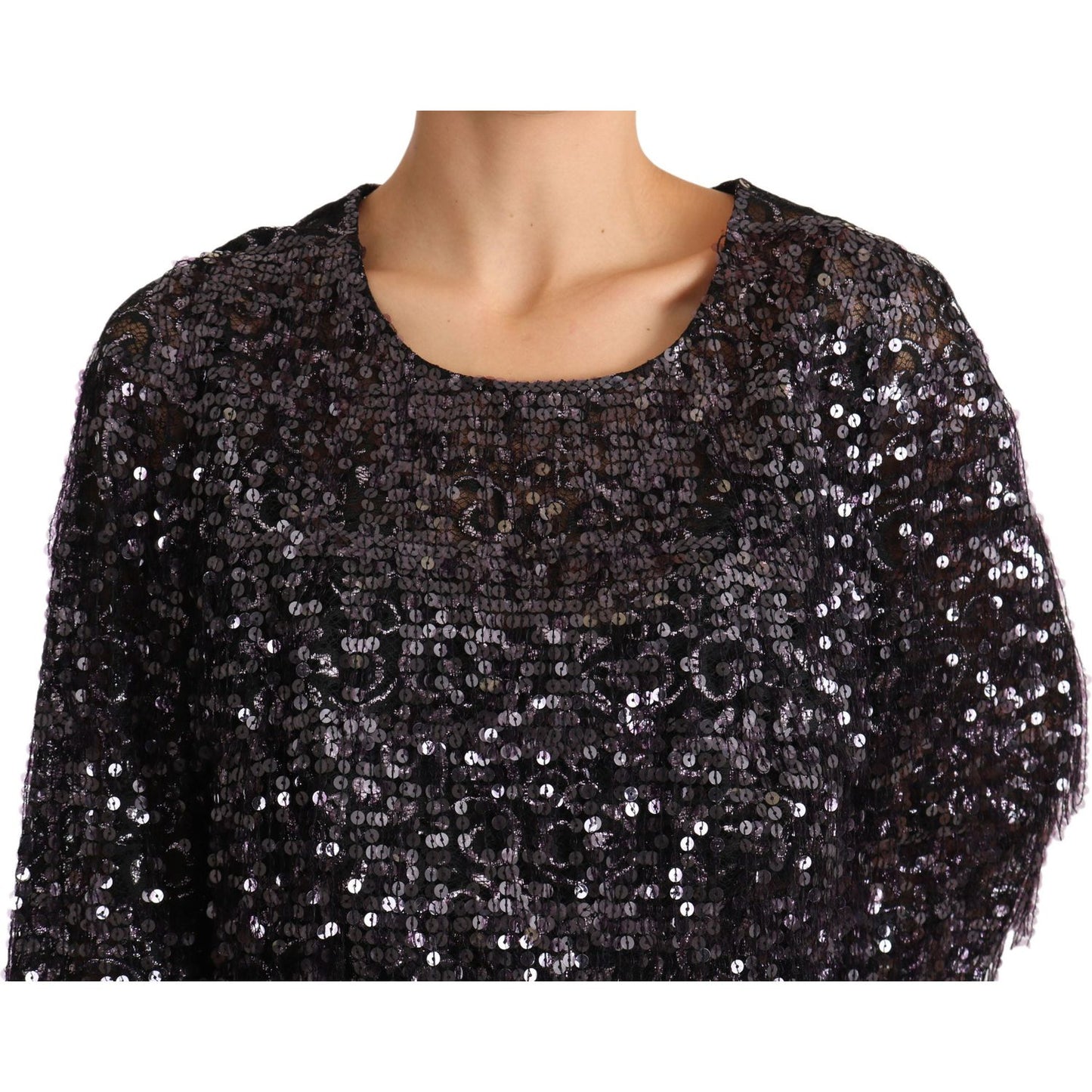 Dolce & Gabbana Black Sequined Long Sleeve Shift Midi Dress DR1929-42