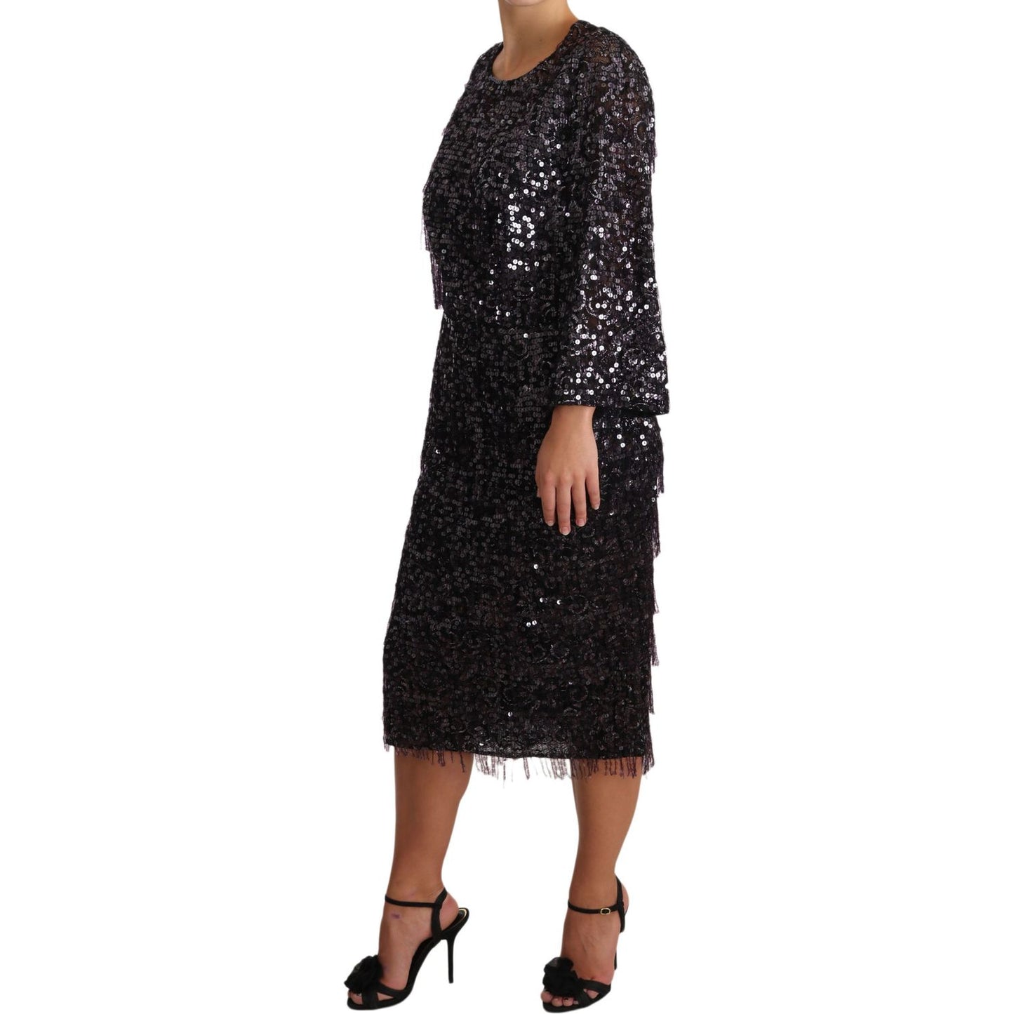 Dolce & Gabbana Black Sequined Long Sleeve Shift Midi Dress DR1929-42