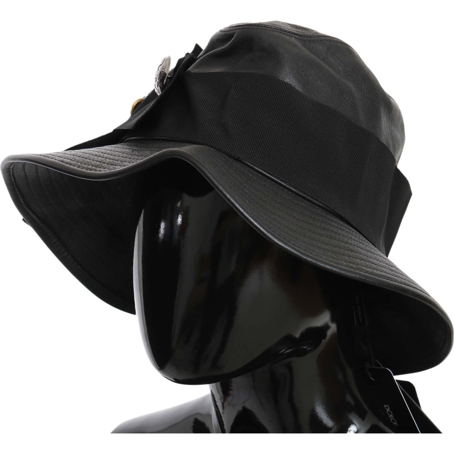 Dolce & Gabbana Black Leather DG Coin Crystal Wide Brim Hat HAT70222-56