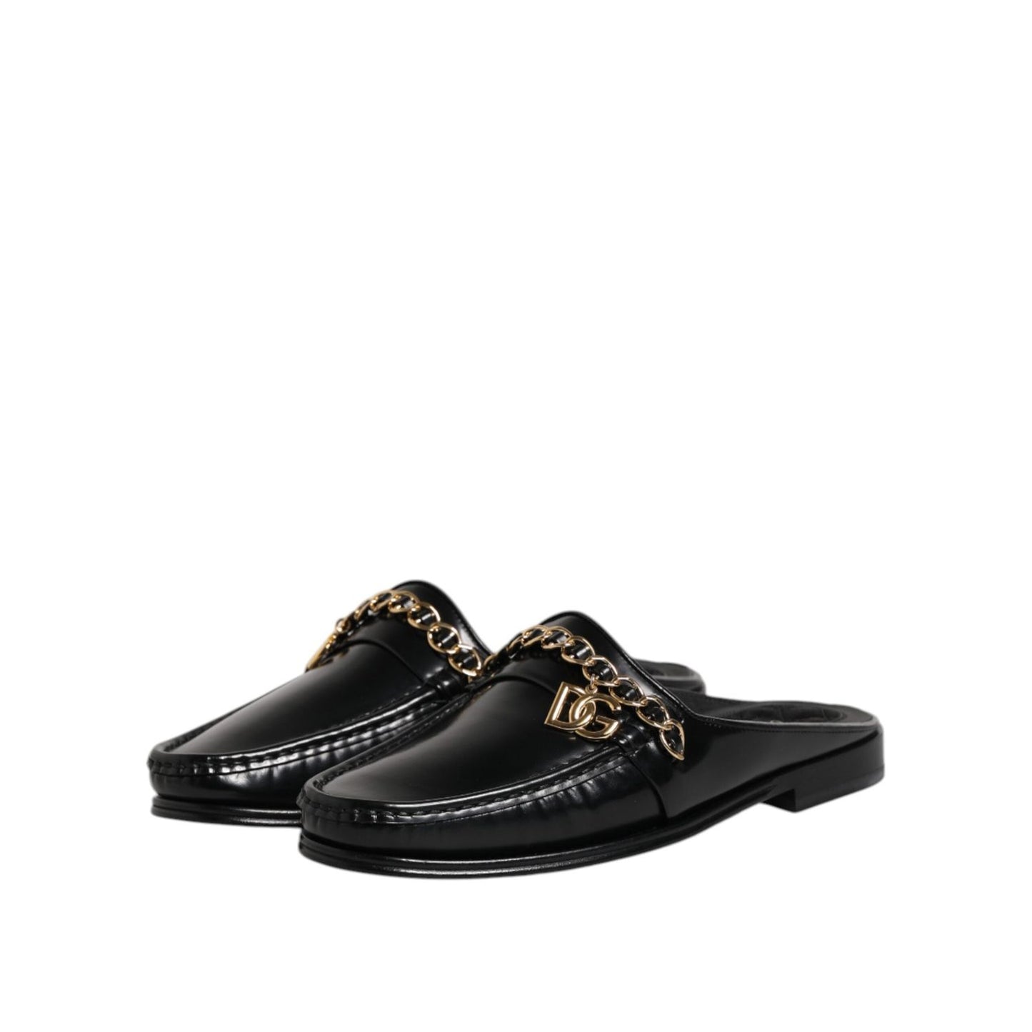 Dolce & Gabbana Black Leather DG Chain Embellished Sandals Shoes