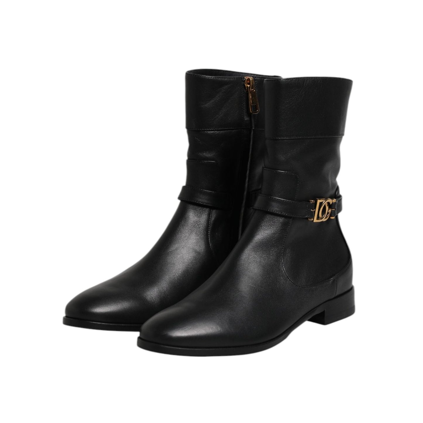 Dolce & Gabbana Black Leather Flats Logo Short Boots Shoes LA12715-37.5