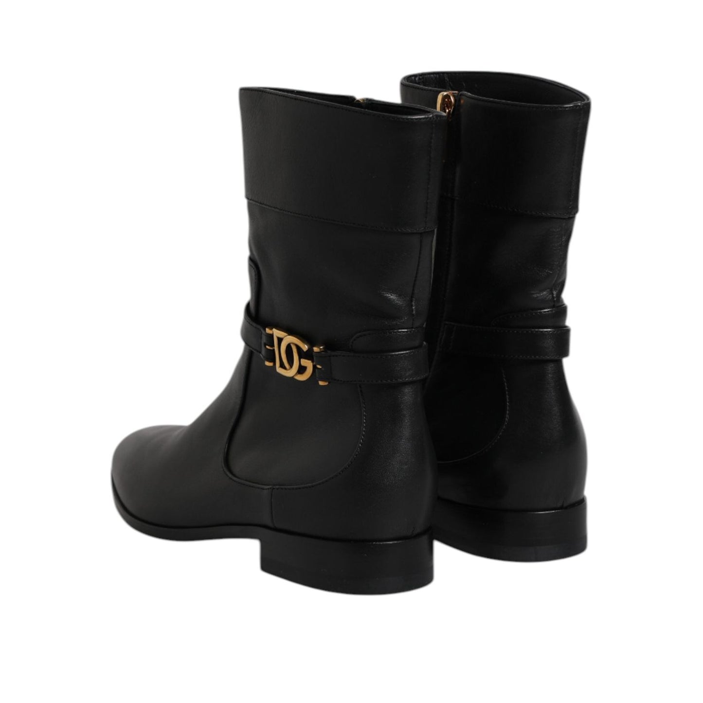 Dolce & Gabbana Black Leather Flats Logo Short Boots Shoes LA12715-37.5