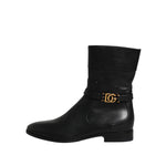 Dolce & Gabbana Black Leather Flats Logo Short Boots Shoes LA12715-37.5