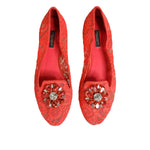 Dolce & Gabbana Orange Lace Crystal Ballet Flats Loafers Shoes