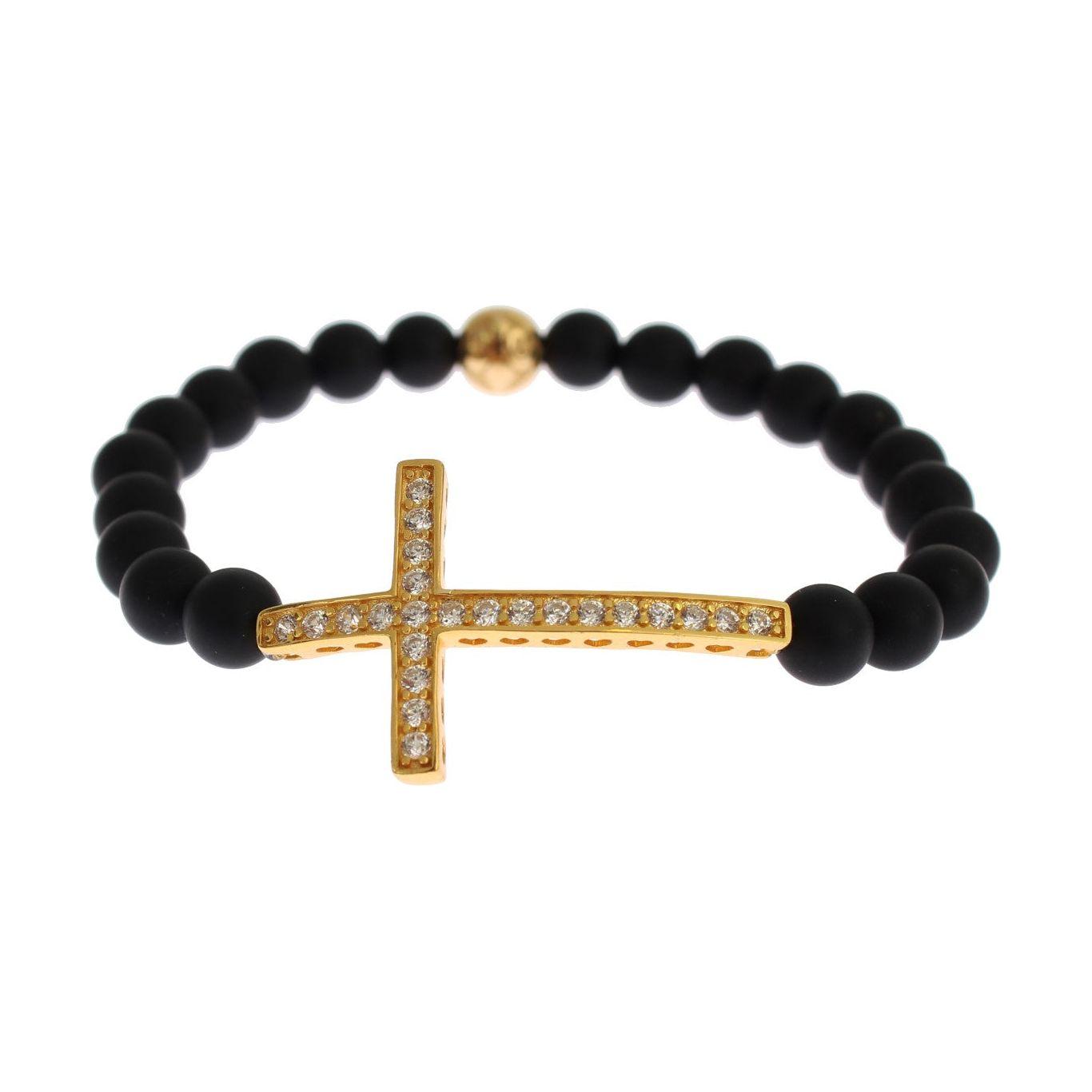 Nialaya Matte Onyx Stone Gold CZ Cross 925 Silver Bracelet SIG19014-3
